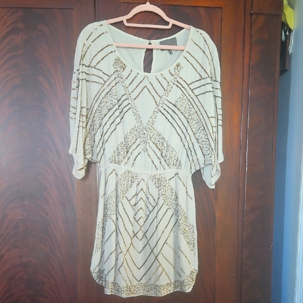 Heartloom Cream Mini Dress with Gold Embellishments and Dolman Sleeves - Small